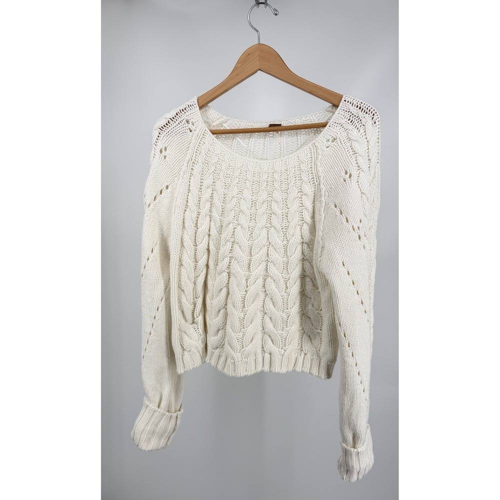 Free People Cable Knit Sweater Womens Small Cream Chunky Cropped Boho